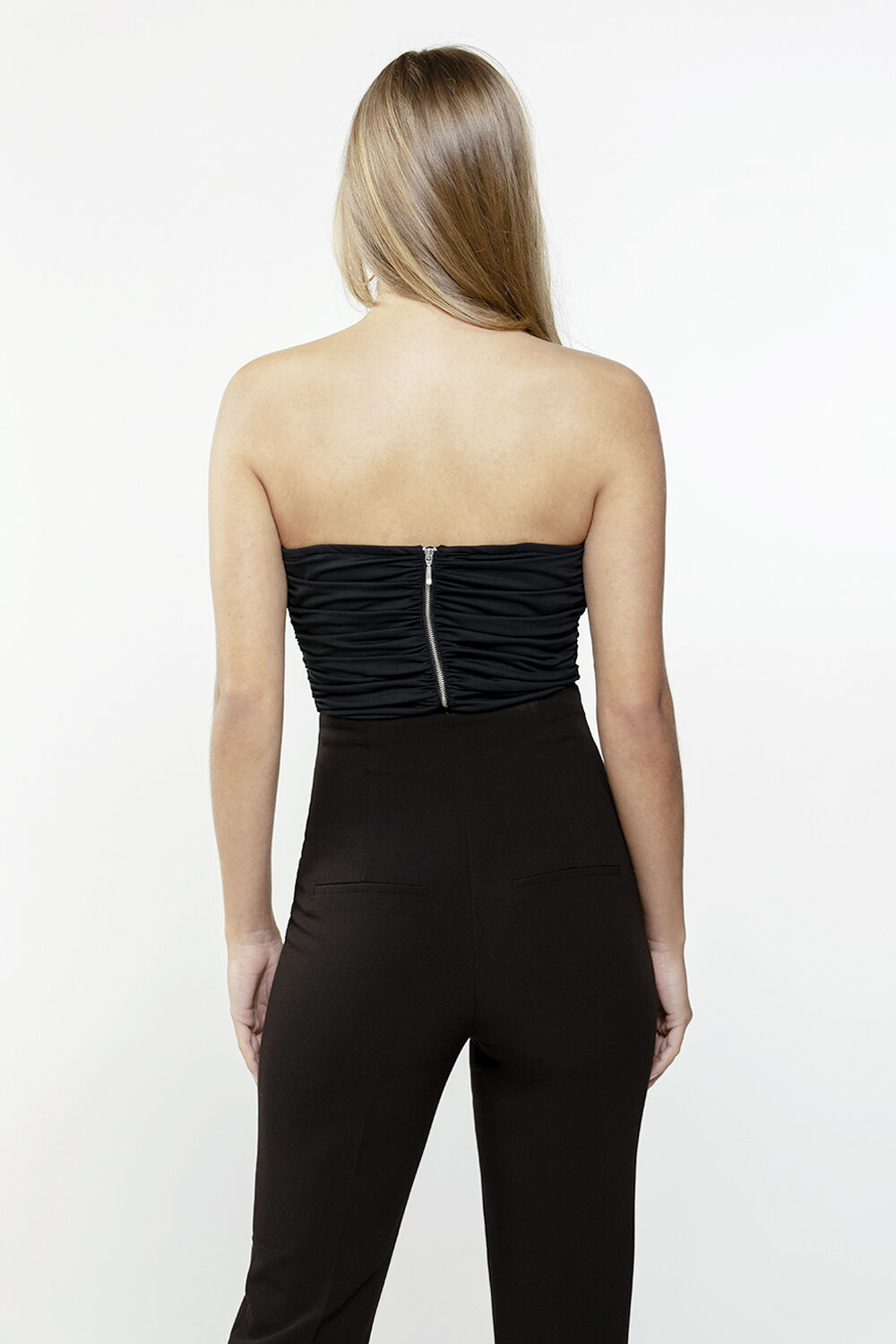 KYLIE RUCHED PADDED TUBE TOP IN BLACK