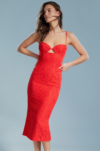 Red Premium Body-Sculpting Lace Bardot Dress