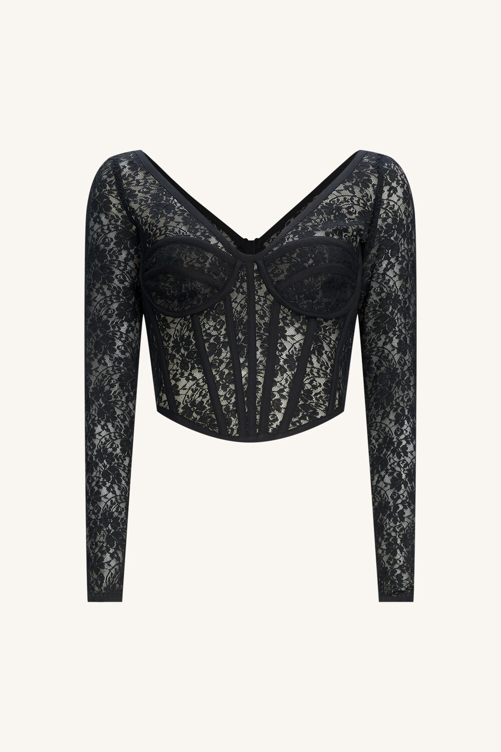 Long-sleeved lace corset top in Black for